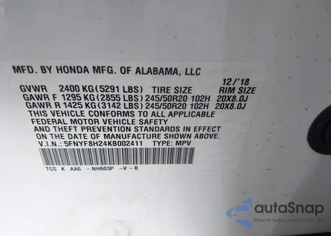 2019 Honda Passport Sport из США, поврежденный, VIN 5FNYF8H24KB002411